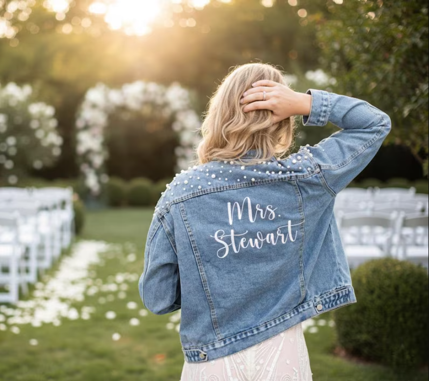 Jacket Winter Clothing - Custom Embroidered Bride Denim Jacket, Bride