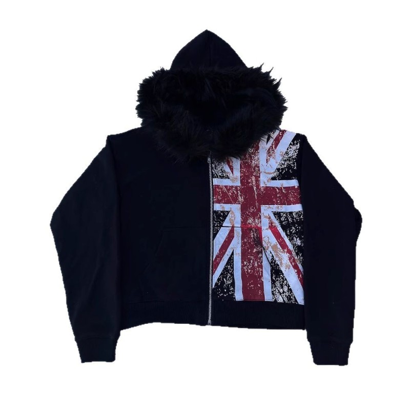 Winter Clothing Uk - Oversized Black Faux Fur Collar Hoodie